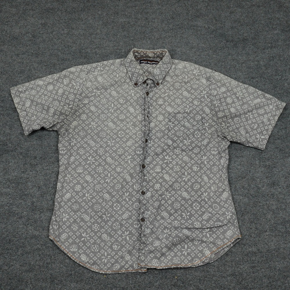 Reyn Spooner Shirt Men Large Grey Geometric Pineapple Floral Cotton Aloha